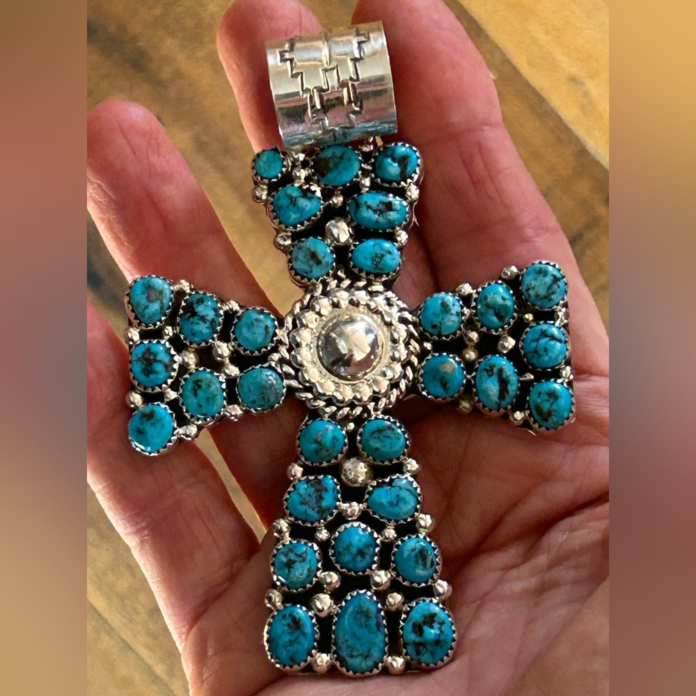 Navajo Kingman Turquoise Custom Made Sterling Silver Cross - Picture 2 of 5